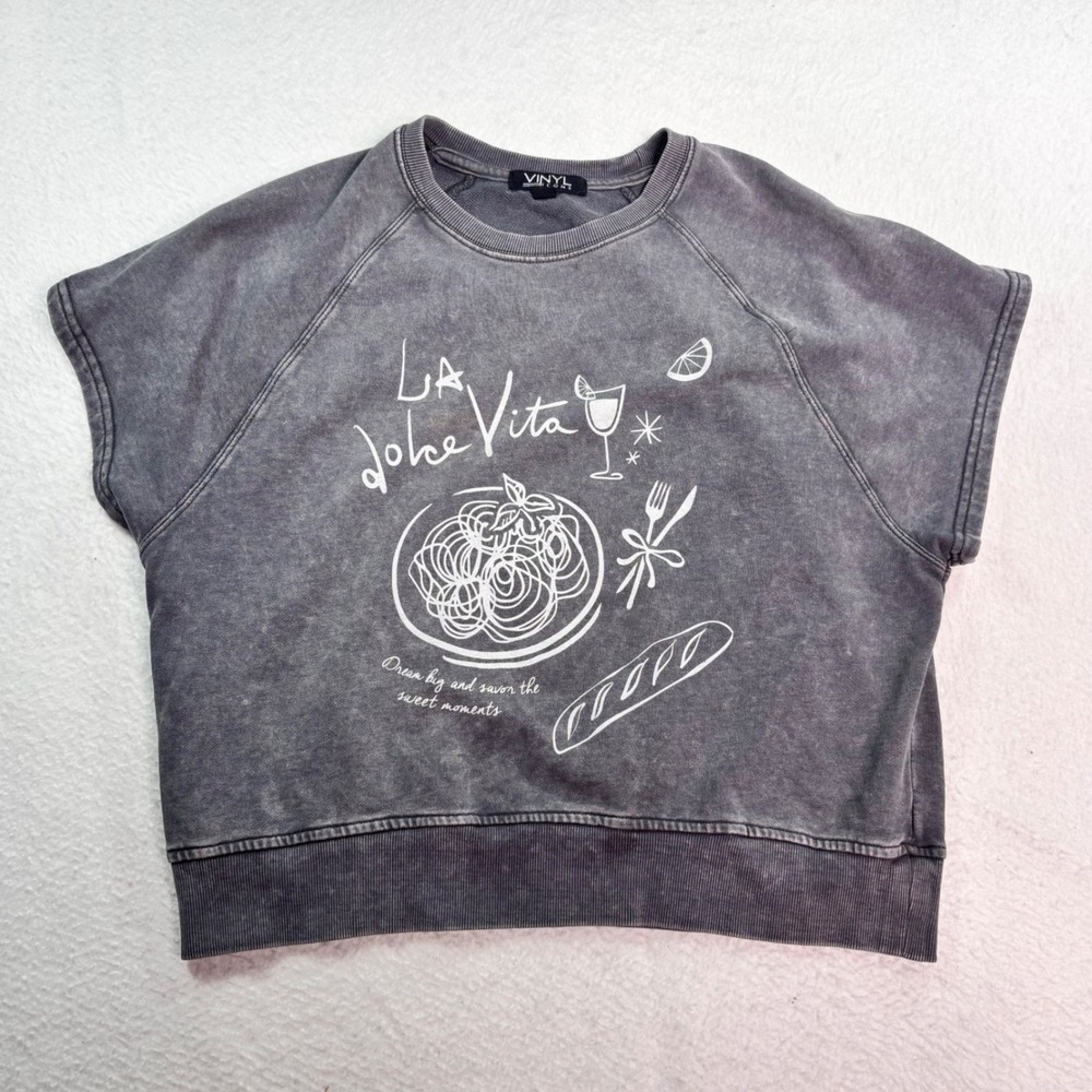 VINYL‎ Icons La Vita Cropped Sweatshirt Size L Gray Acid Wash Foodie Graphic